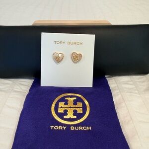 Tory Burch Gold Heart Mother of Pearl Stud Earrings